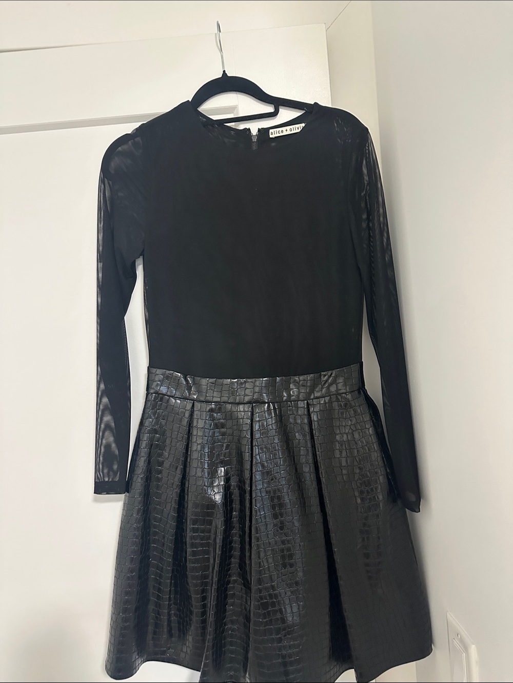 Alice + Olivia Black Long-Sleeve Mesh Bodice Faux-Leather Skirt Dress